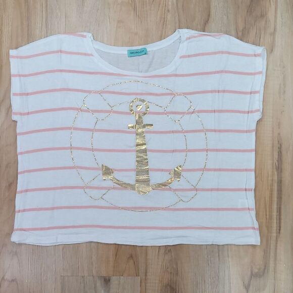 🔹️Workshop White & Pink Striped Gold Anchor Boxy Cropped Top XSmall - Picture 1 of 9